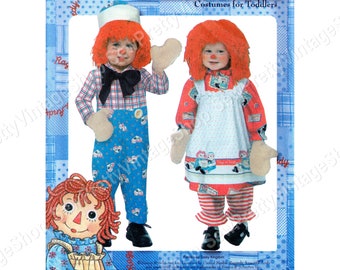 Simplicity 4471 SEWING PATTERN Toddler Raggedy Ann & Andy Costumes: dress, pinafore apron, pants, wig, jumpsuit, hat, mittens size 1/2-1-2