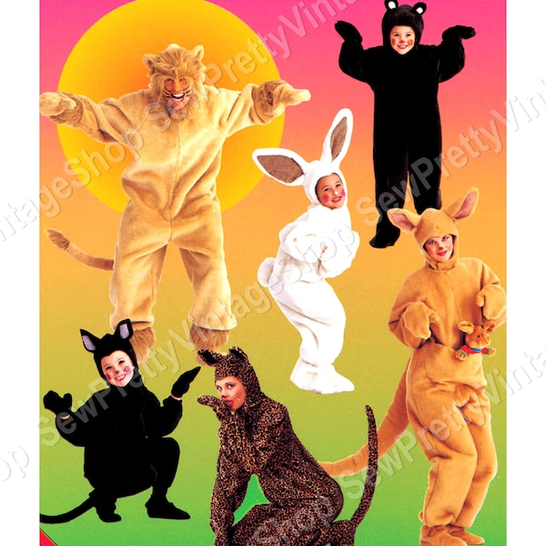 McCall's SEWING PATTERN 90s Unisex Animal Costumes: lion bunny kangaroo bear cat leopard fur jumpsuit hood booties Adult S, L or Child 6-7-8