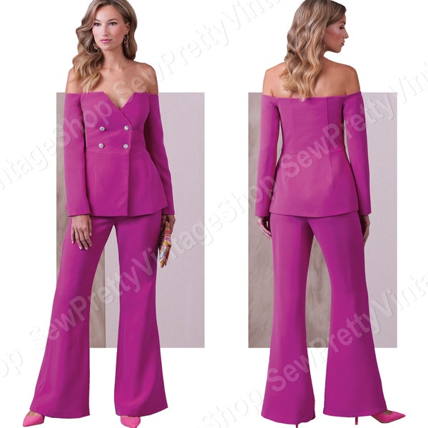 Vogue 11730 Elegant Formal Jacket & Pants Sewing Pattern: beautiful double-breasted off shoulder jacket and flared pants size 8-16 or 18-26