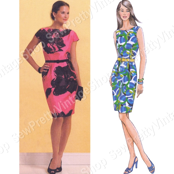 Butterick 5316 Minimalist Dresses: stylish boat neck fitted knee length cap sleeve, sleeveless dress very easy sewing pattern size 6 8 10 12