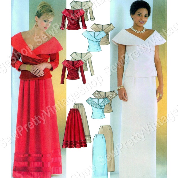 Butterick 4344 Elegant Formal Set: off shoulder collared wrap blouse, floor length flared or pencil skirt sewing pattern size 8-14 or 16-22