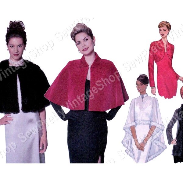 Butterick 5843 Formal Wraps: bolero jacket, velvet or faux fur cape, maribou trim sheer duster easy sewing pattern size 8-12,  14-18, 20-24