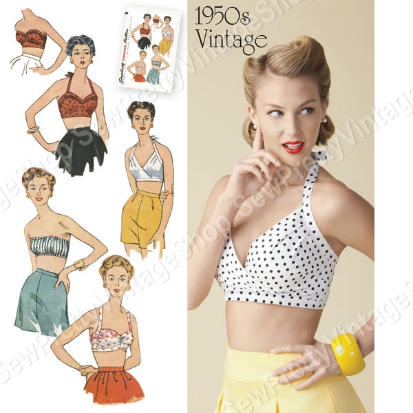 Simplicity 1426 50s Summer Bra Tops: 1950s retro bombshell pinup halters and strapless bandeau top sewing pattern size 14 16 18 20 22