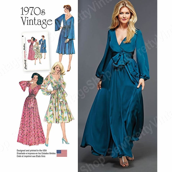 Simplicity 0866 70s Party Dress Sewing Pattern: maxi or knee length mock wrap flared disco dress size 6-14 or 14-22