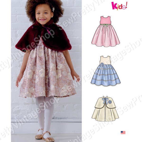 New Look 6631 Girls Party Dresses: empire waist sleeveless full skirt fancy dress, retro cape, capelet shrug sewing pattern size 3 4 5 6 7 8