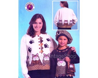 McCall's 5018 Cat Appliques Sewing Pattern: make an embellished cardigan, beret, crossbody bag from a purchased sweatshirt for misses, girls