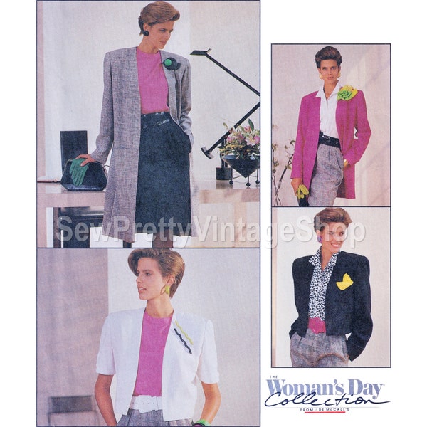 McCall's 4104 80s Jacket: stylish unlined collarless open jacket long duster cropped blazer short sleeve bolero sewing pattern size 12 14 16