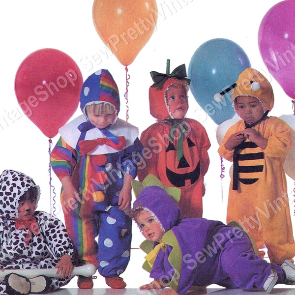 Simplicity 7475 90s SEWING PATTERN 2 hr Toddler Costumes: clown, dog dalmation, bumblebee, dinosaur, pumpkin hooded romper size 1/2 1 2 3 4