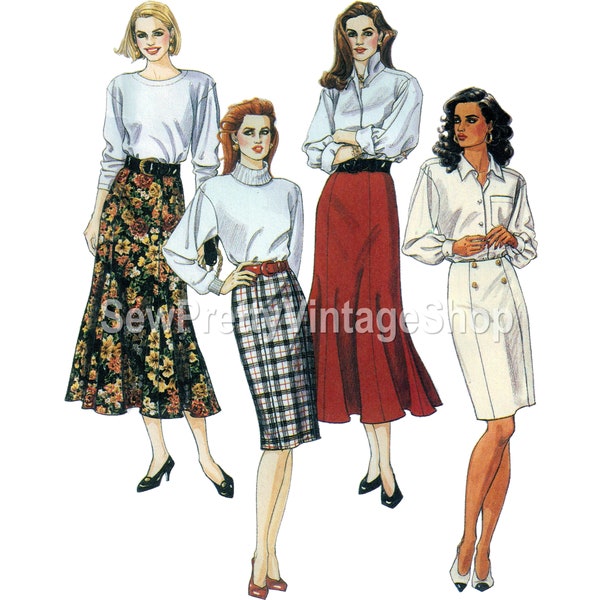 McCall's 6151 90s Pretty Skirts: modest gored trumpet hem midi or knee length pencil skirt, easy sewing pattern size 6 8 10