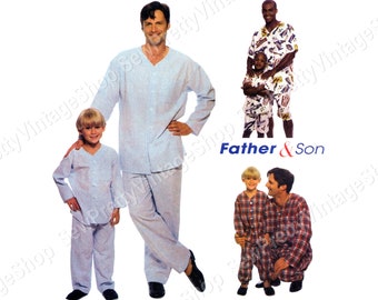 McCall's 2518 90s Mens & Boys Classic Pajama Sets: collarless top, elastic waist pants, shorts easy sewing pattern size S-M-L-XL, Child 3-8