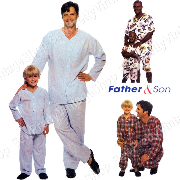 McCall's 2518 90s Mens & Boys Classic Pajama Sets: collarless top, elastic waist pants, shorts easy sewing pattern size S-M-L-XL, Child 3-8