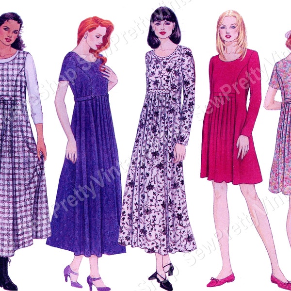 McCalls 7893 90s Modest Dresses: loose fitting maxi or knee length pleated pullover dress, easy sewing pattern size 4-6-8 or 10-12-14