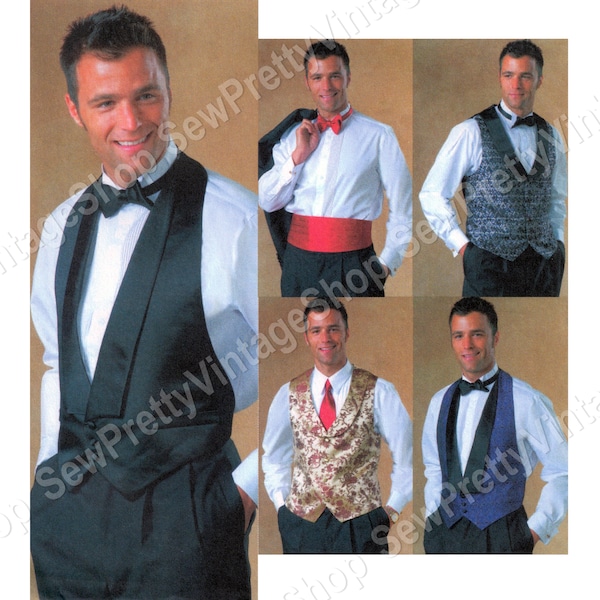 McCall's 4321 Mens Wedding Accessories: collared lined tuxedo vest, bow tie & cummerbund sewing pattern size S-M-L or XL-2XL