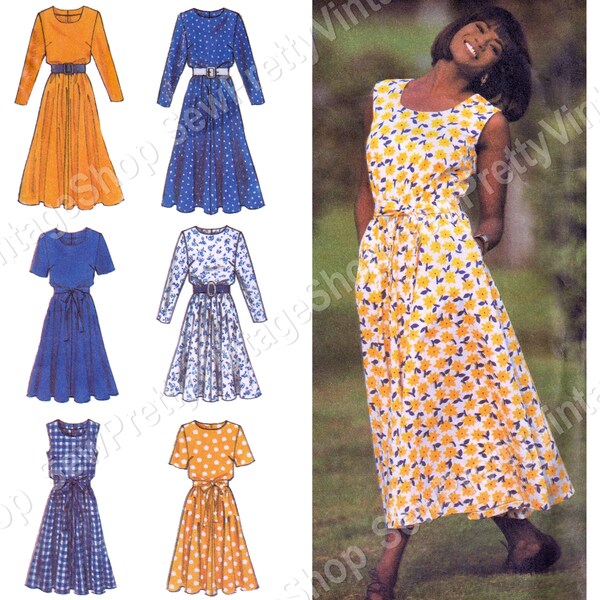 Simplicity 8229 90s Blouson Dresses: modest maxi or knee length flared dress w/ sleeve variations sewing pattern size 8-14 or 12-18