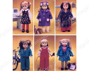 McCalls 2506 90s 18" Doll Clothes: robe, shirt, blouse, pants, skirt, tights, jumper, overalls, hoodie jacket, coat, hat, dog sewing pattern