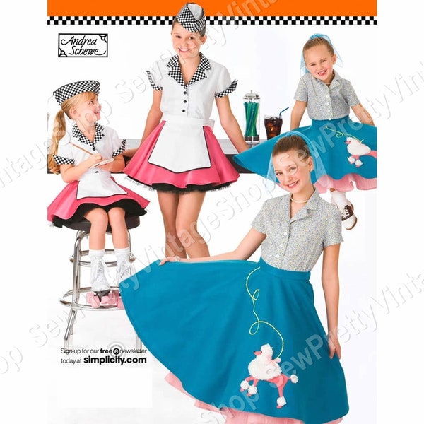 Simplicity 3836 SEWING PATTERN 50s Girls Costumes: carhop diner waitress shirt, cap, skirt, apron, sock hop poodle circle skirt size 3 4 5 6