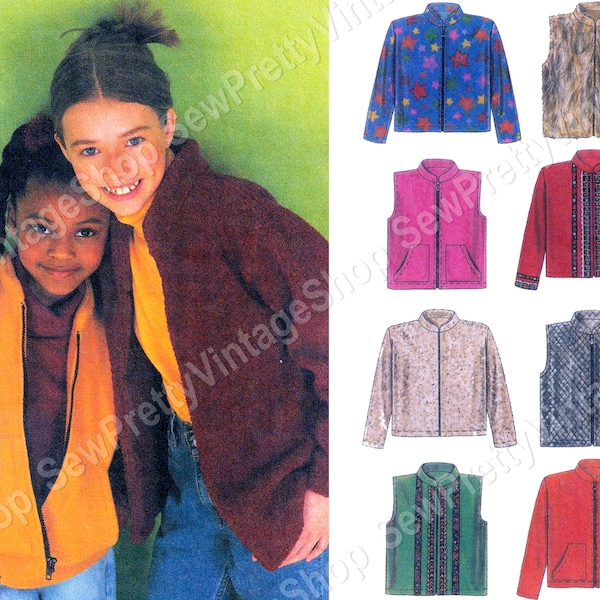 McCall's 2198 90s Kids Outerwear: boys, girls sporty zip up jacket, sleeveless vest, fleece, quilted, fur easy sewing pattern size 7 8 10