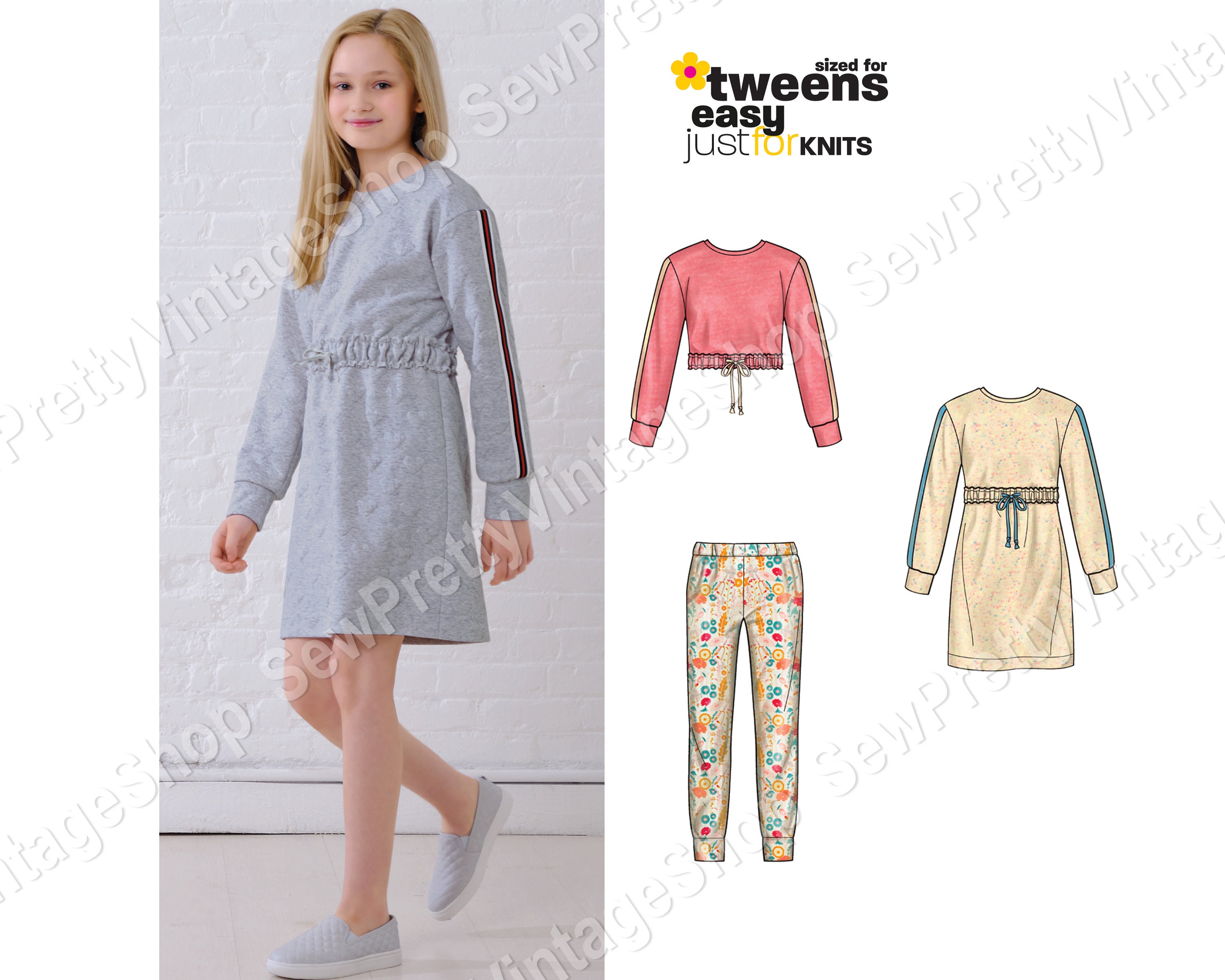 New Look 6649 Sporty Tween Girl Clothes: Knee Length Knit Dress, Pullover  Sweatshirt Top and Leggings Sewing Pattern Size 8 10 12 14 16 
