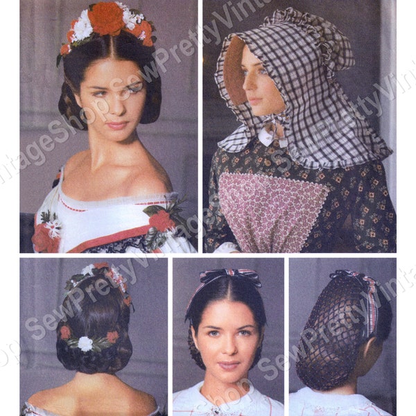 Simplicity 5740  SEWING PATTERN Historical Millinery: Misses floral headpiece, ribboned snood hairnet, pioneer pilgrim bonnet