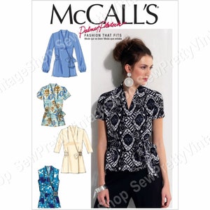 McCall's 6564 Summer Blouses: semi fitted cinched waist wrap tops with sleeve variations sewing pattern size 14-16-18-20-22