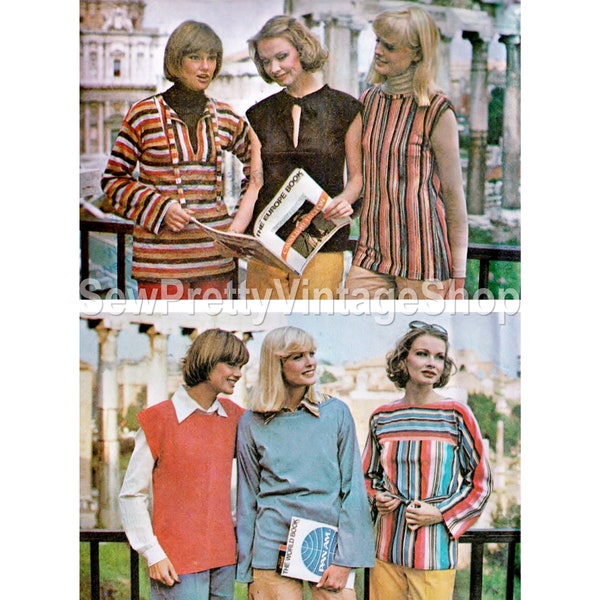McCalls 5219 70s Tops: boho hippie pullover, boat neck bell or cap sleeve keyhole neck top, sleeveless blouse, belted tunic pattern size 6 8