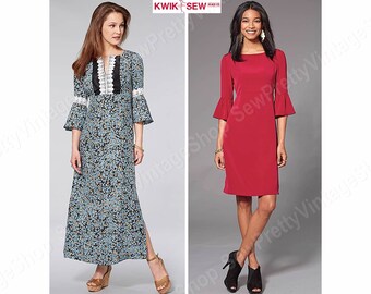 Kwik Sew 4215 Modest Dresses: empire waist fit and flare maxi caftan or boat neck flounce sleeve knee length dress sewing pattern size 8-22