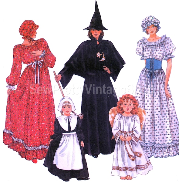 Simplicity 0418 SEWING PATTERN Girls Costume: Pilgrim Angel Witch Little House on the Prairie dress apron cap hat bonnet size 2 4 6 8 10 12