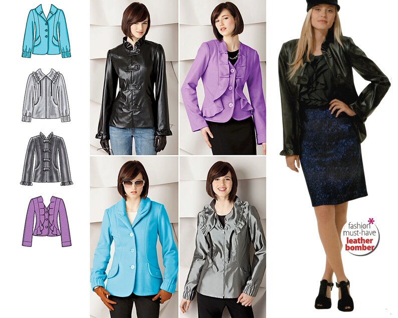 Simplicity 0497 2313 Trendy Womens Jackets Faux Leather Jacket Ruffled Shawl Collar Cuffs Blazer Size 6 8 10 12 14 Uncut Oop
