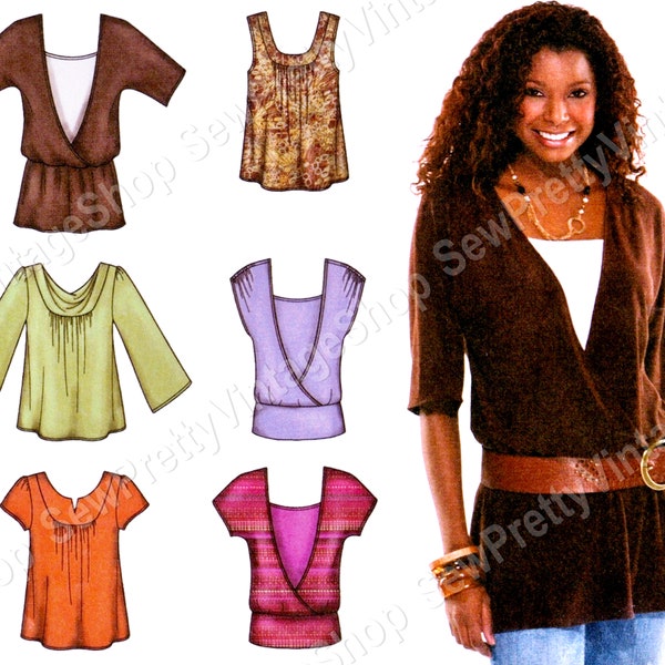 Simplicity 3790 Trendy Knit Tops: gathered draped or wrap top sleeveless, short or elbow sleeve tshirt easy sewing pattern size 6 8 10 12 14