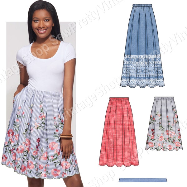 New Look 6605 Summer Skirts: easy to sew elastic waist pleated knee, midi, maxi length skirt sewing pattern size 8 10 12 14 16 18 20