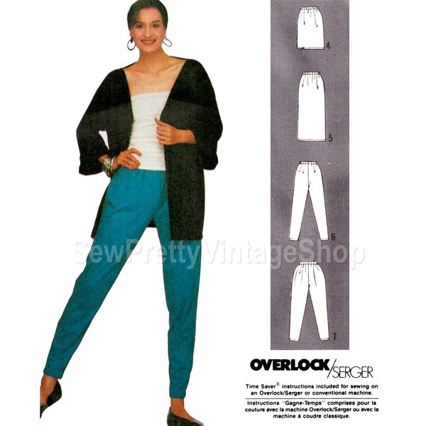 Simplicity 8725 80s Knit Bottoms: short & maxi pencil skirt, baggy or slim pull on tapered peg pants, easy sewing pattern, one size fits all