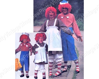 McCalls 7232 SEWING PATTERN 80s Raggedy Ann & Andy Costume: dress apron bloomer wig jumpsuit hat Adult S, M or L, Child 10-12 or Toddler 2-4