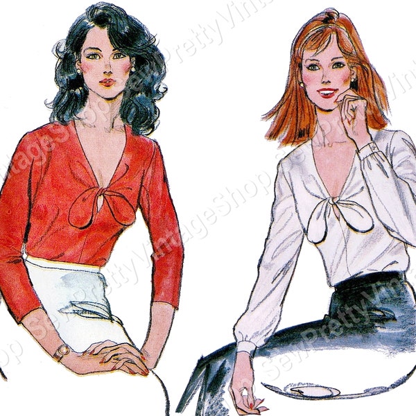 Butterick 3340 80s Size 10 Blouses: sewing pattern for pretty loose fitting deep v neck bow tie blouse with three quarter or long sleeves