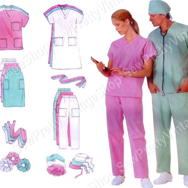 Butterick 4946 90s Medical Uniform Scrubs: pants skirt scrub top dress cap hat scrunchie easy sewing pattern unisex size XS S M or L XL