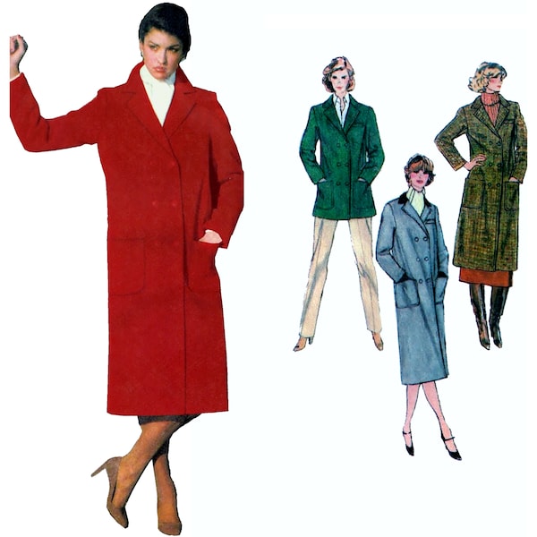 Simplicity 9158 70s Womens Coats: double breasted short peacoat, knee length jacket, midi coat with notched collar sewing pattern size 6 8