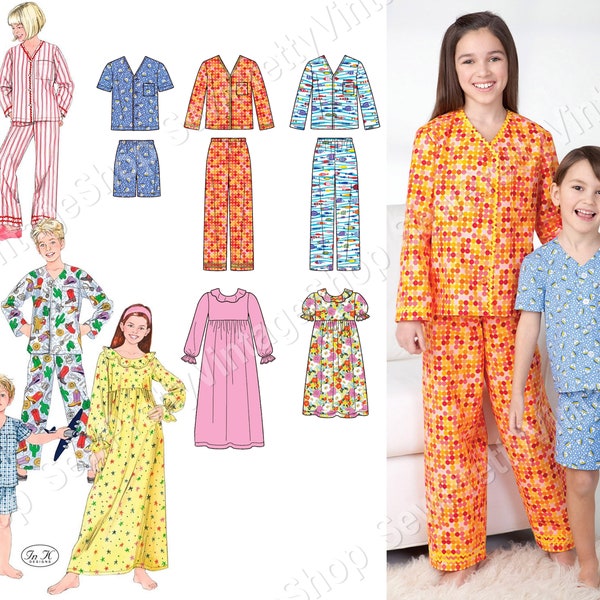 Simplicity 3987 Kids Pajamas: boys and girls pajamas, nightshirt, nightgown, lounge pants, shorts and top sewing pattern size 3-6 or 7-14