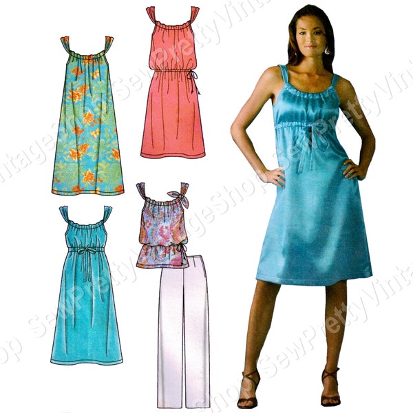 Simplicity 3742 Minimalist Resort Wear: strappy knee length blouson pillowcase dress, tunic & pants easy sewing pattern size 4 6 8 10 12