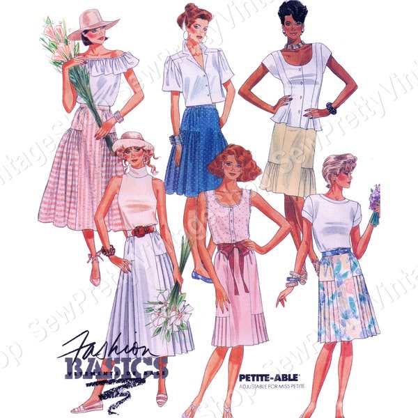 McCall's 3587 80s Summer Skirts: trendy knee or midi length side gathered or pleated skirt with inset panel sewing pattern plus size 22 24