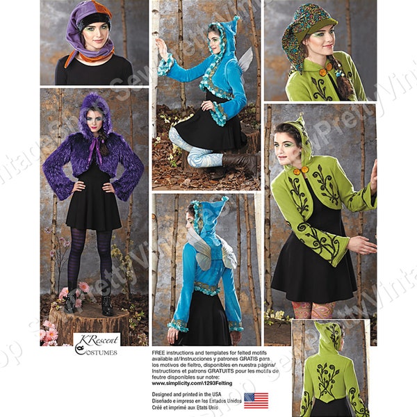 Simplicity 1293 SEWING PATTERN Womens Costumes: elf, fairy, wood nymph hooded, lined bolero jacket w/ fur, embroidery, wings size 6-8-10-12