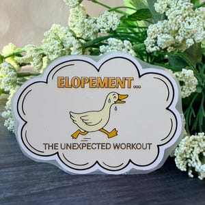 Può includere: Un adesivo con la scritta "ELOPEMENT... THE UNEXPECTED WORKOUT" e un'anatra dei cartoni animati che corre. L'adesivo è bianco con un bordo nero e una forma di nuvola. Fiori verdi e bianchi sullo sfondo.