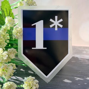 May include: A black and blue shield-shaped sticker with the number "1" and an asterisk in white. A blue stripe runs horizontally across the center. The sticker is surrounded by a clear border and is set against a background of flowers.
