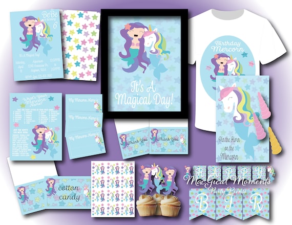Mermaid and Mercorn Birthday Party Pack, Mercorn Invitation, Mercorn Cupcake Toppers, Mermaid Unicorn Signs, Mermaid Unicorn Games, Cute Il_570xn