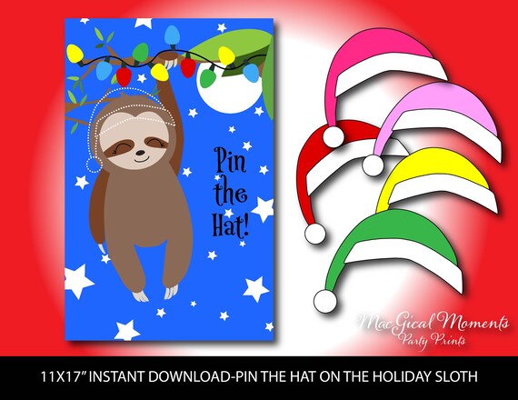 Pin the Hat on the Christmas Sloth, Cute Sloth Print, Christmas Lights Sloth, Starry Sky Print, Santa's Little Sloth Helper, Christmas Party Il_570xn