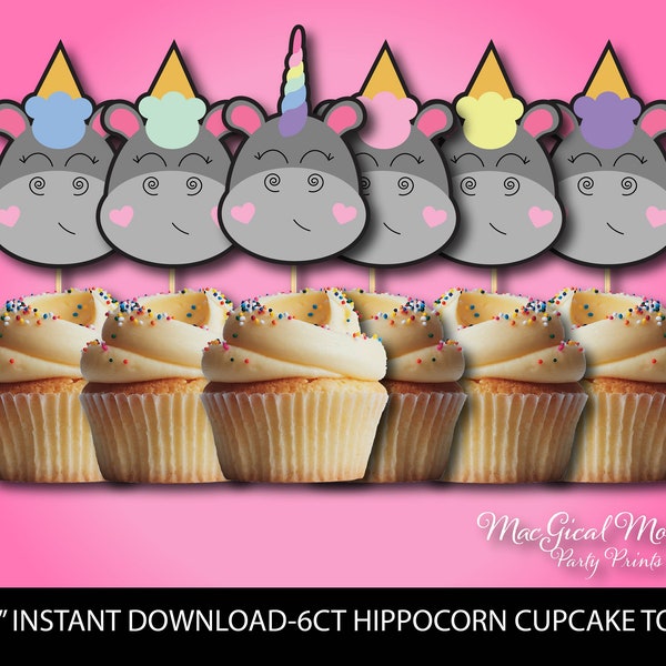 Hippocorn Cupcake Toppers, Hippo Party, Cute Hippocorn, INSTANT DOWNLOAD, Ice Cream Hippocorn Cupcake Toppers, Rainbow Hippo Decorations