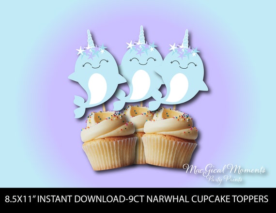 Narwhal Cupcake Toppers, Unicorn of the Sea Print, Cute Baby Blue Narwhal Toppers, Narwhal Cake Topper, Narwhal Birthday Decorations, Purple Il_570xn