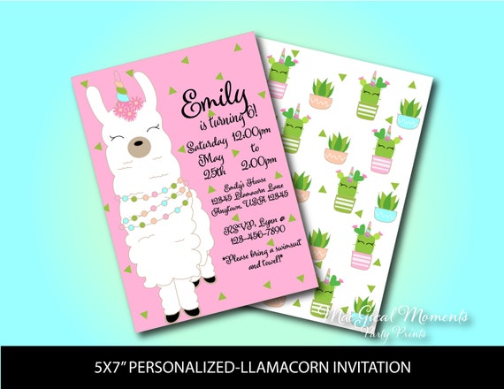 Llamacorn Birthday Invitation, DIGITAL, Llama Party Supply, Cute Llama Unicorn, Girl's Cute Birthday, Mythical Creature Party, Cute Cacti Il_570xn