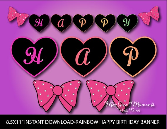 Rainbow Birthday Banner, Big Bow Birthday Banner, Girly Bow Birthday Banner, Big Bow Party, INSTANT DOWNLOAD, Heart Shaped Birthday Banner Il_570xn