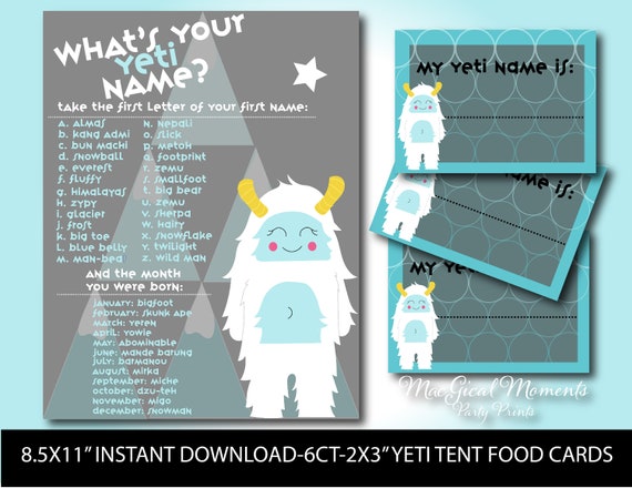 What's Your Yeti Name Yeti Party Game Yeti Birthday 