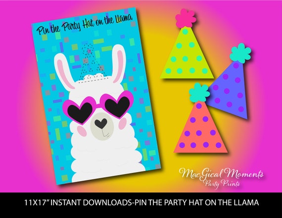 Pin the Party Hat on the Llama Game, Party Llama Birthday Game, Confetti Llama Decor, Neon Disco Llama Party Game, INSTANT DOWNLOAD, Cute Il_570xn