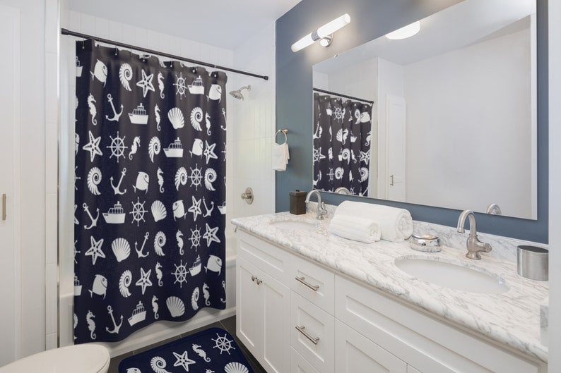 Nautical Bathroom Shower Curtain Bath Mat Rug Tub Decor Set